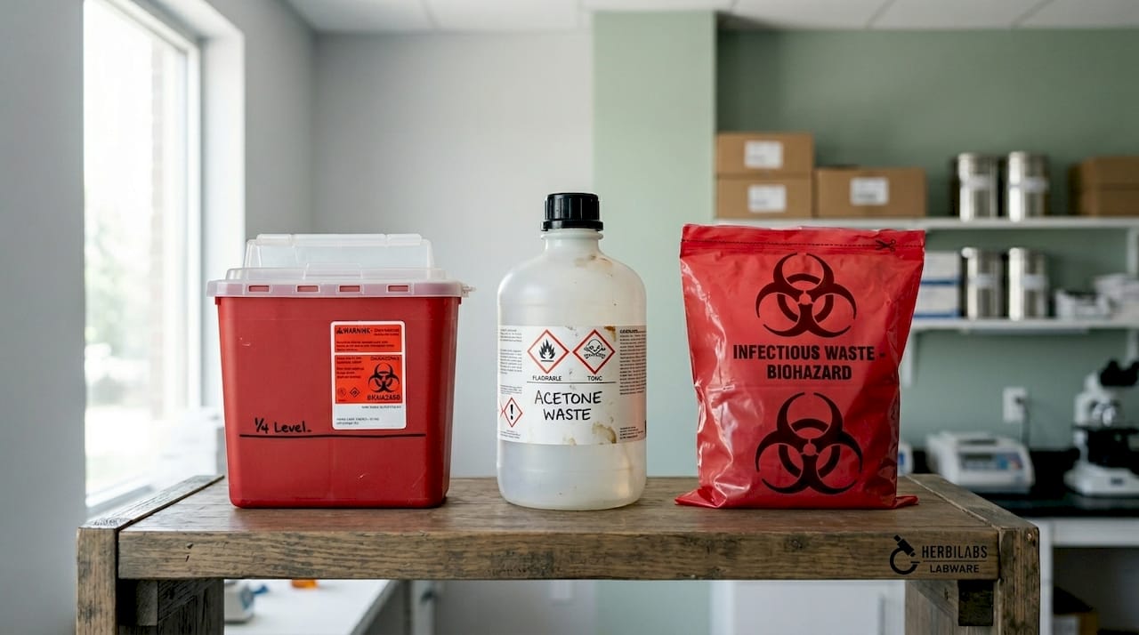 Three lab waste containers stored in designated area