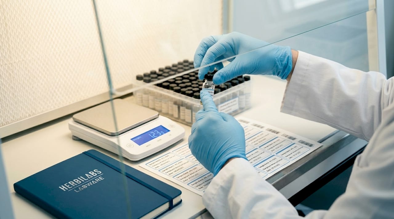 Scientist sampling batch under sterile hood
