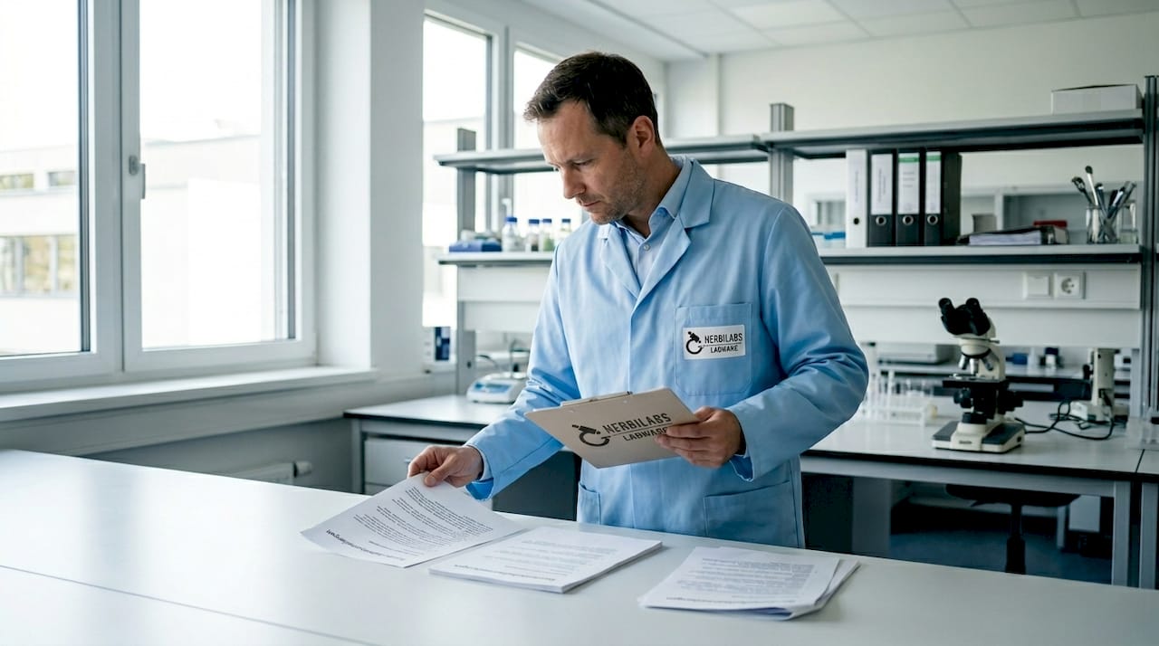 Die Laborleitung überprüft die Unterlagen des Qualitätsmanagements.