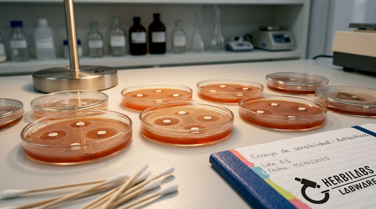 Discos de antibiótico que impiden el crecimiento de bacterias en placas de agar