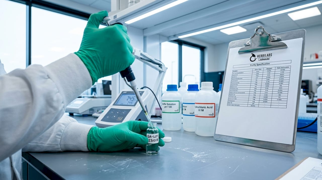 Hands handling vial for reagent purity test