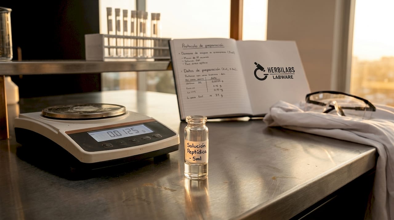 Vial de cristal con solución de péptidos sobre la mesa de laboratorio.
