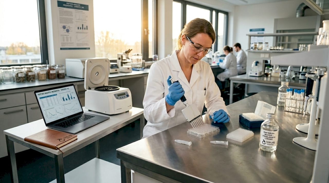 Eine Wissenschaftlerin bereitet im Labor eine Peptidlösung vor.