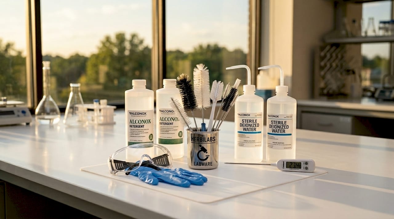 Essential labware sanitization tools on countertop