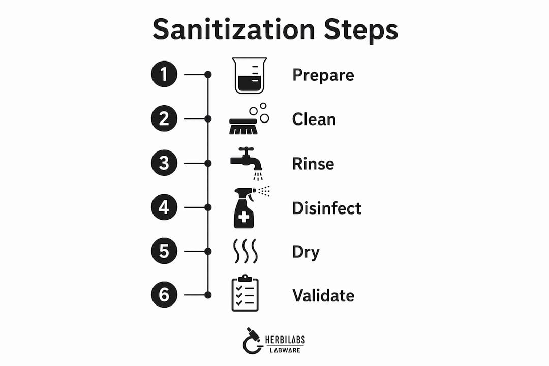 Infographic illustrating step-by-step labware sanitization process
