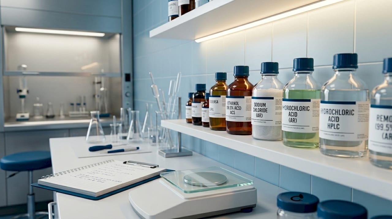 Reagent bottles labeled with purity grades
