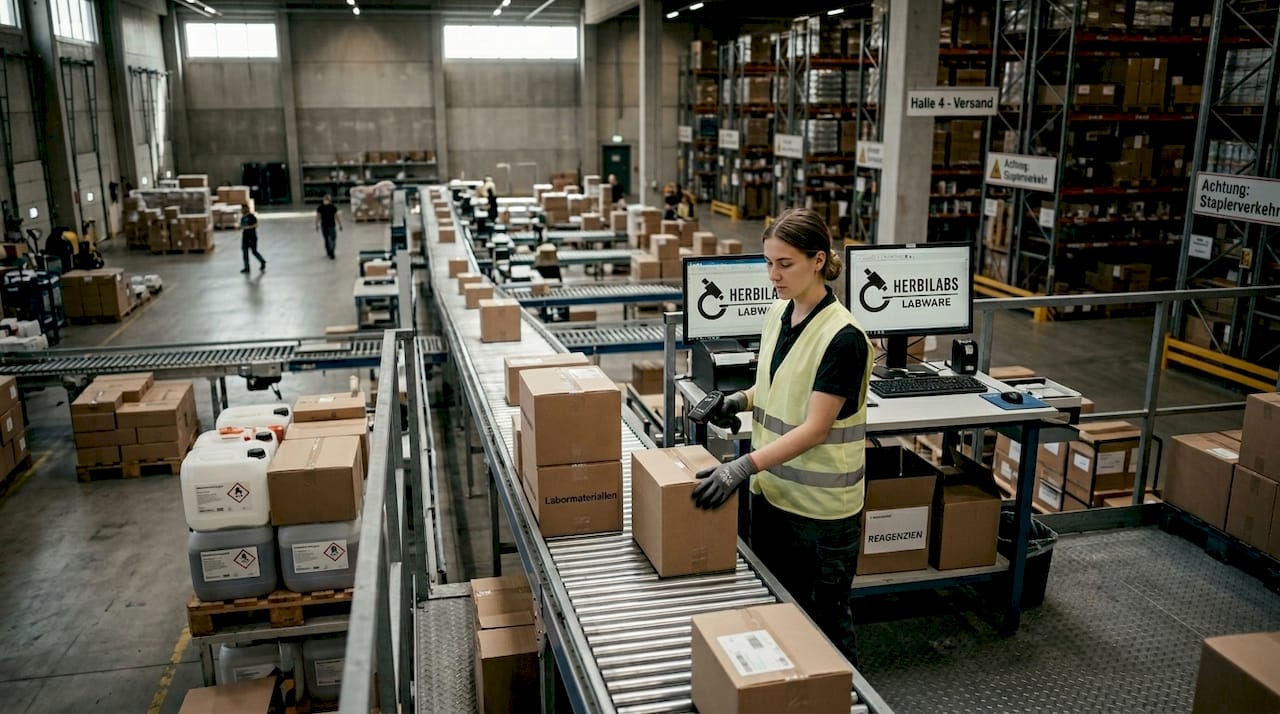 Ein Mitarbeiter überprüft und scannt Pakete mit Laborbedarf.