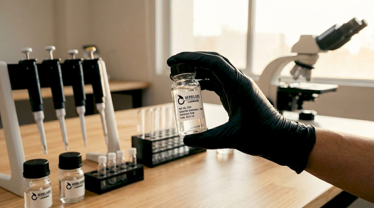 Una mano sostiene un frasco de reactivo dentro de un laboratorio.