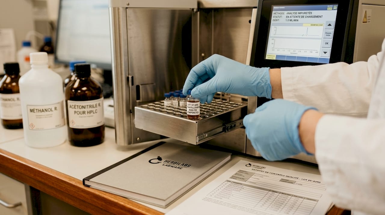 Un chercheur en laboratoire utilise un système HPLC pour analyser les impuretés dans un échantillon.