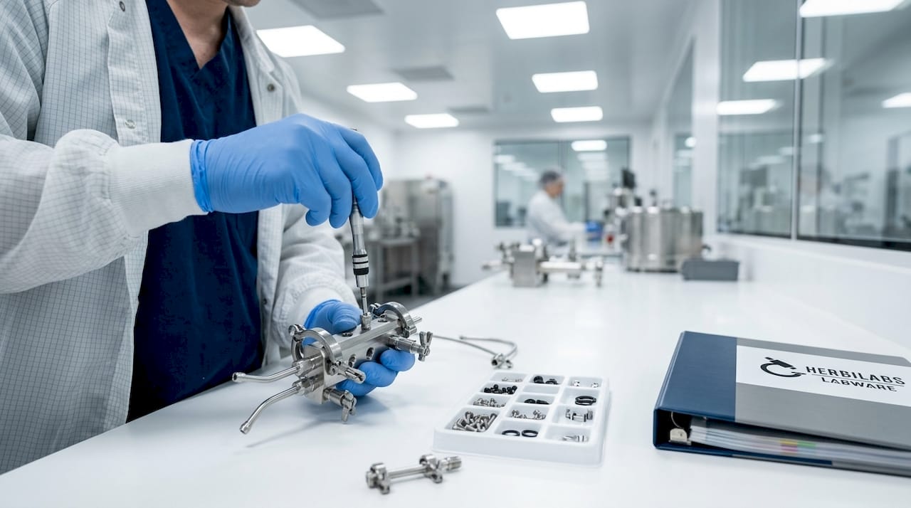 Technician assembling sterile custom lab manifold in cleanroom