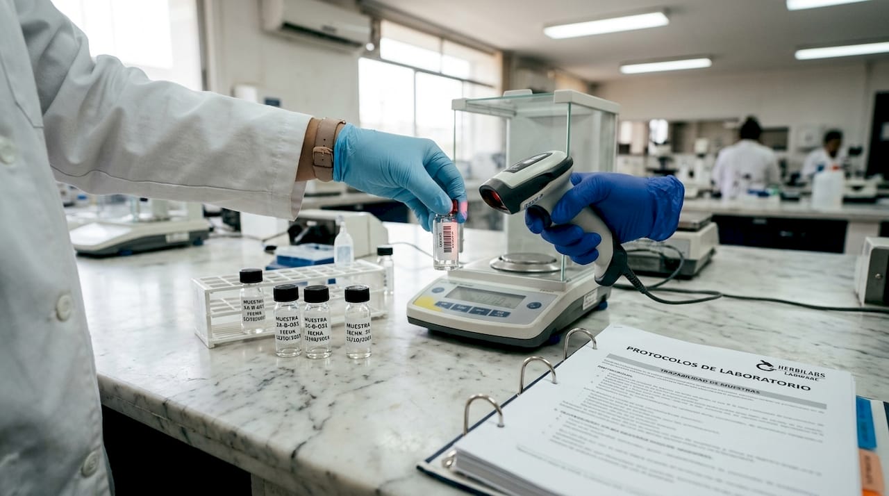 Manos escaneando el código de barras de un tubo de muestra en el laboratorio