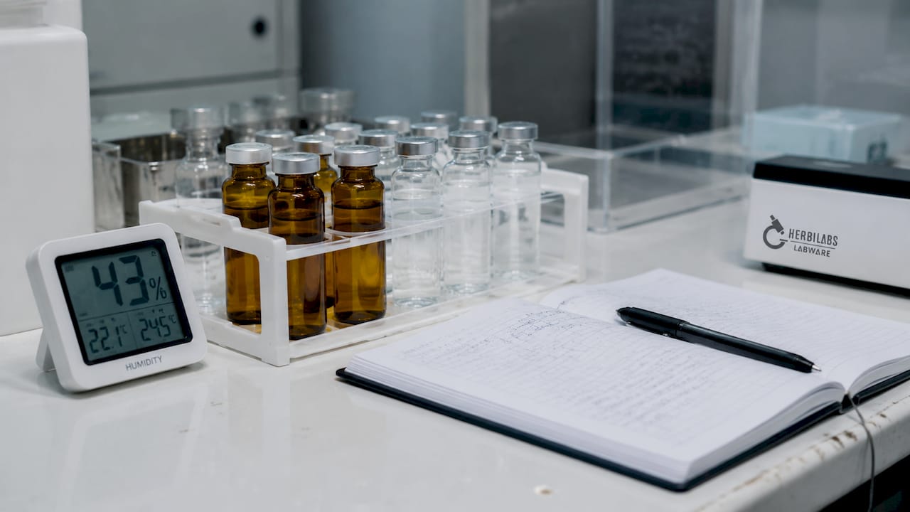 Sterile solution vials and monitoring tools on lab bench