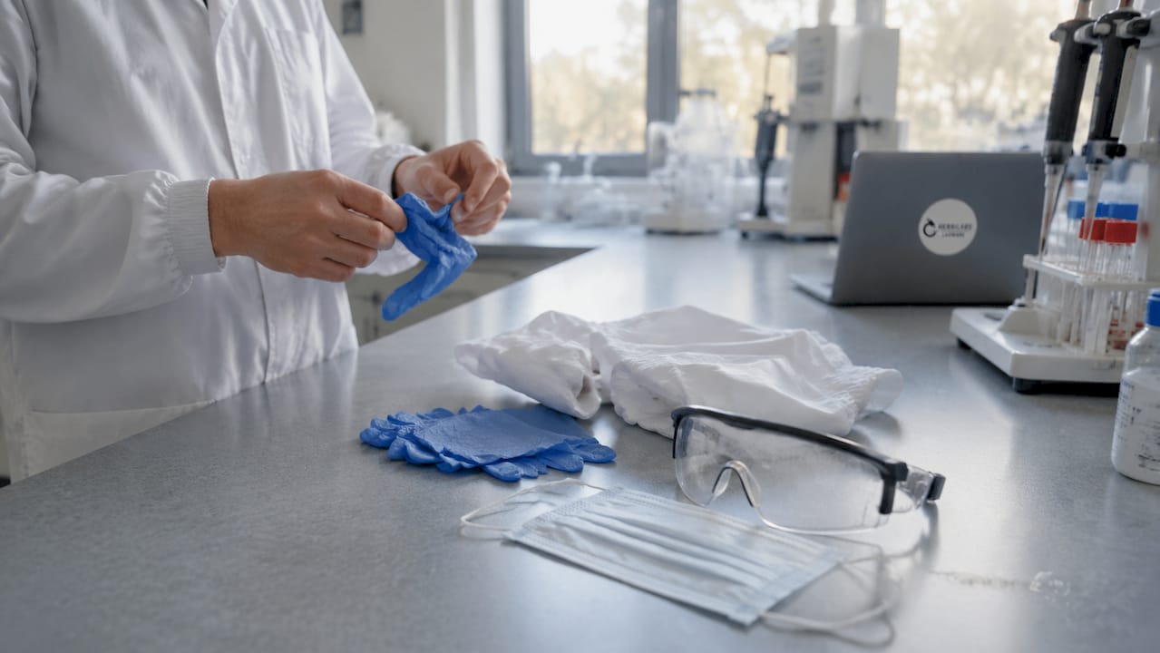Blick von oben auf die persönliche Schutzausrüstung im Labor, die ordentlich auf dem Arbeitstisch bereitliegt.
