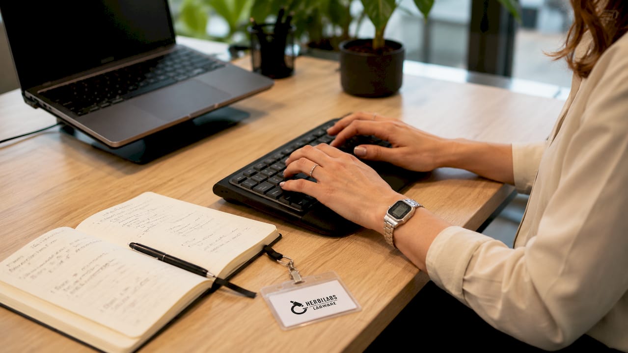 Des mains s’activent sur un clavier au cœur d’un laboratoire.