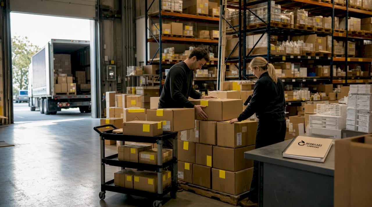 Warehouse staff processing research supplies