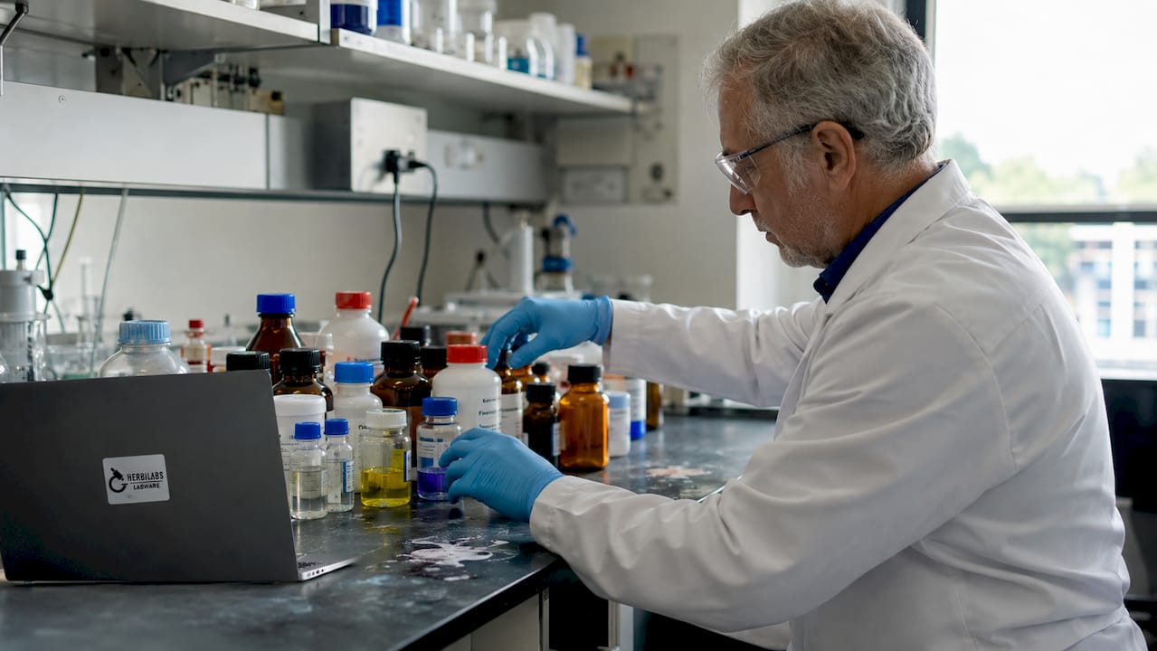Hands organizing labeled reagent bottles in lab