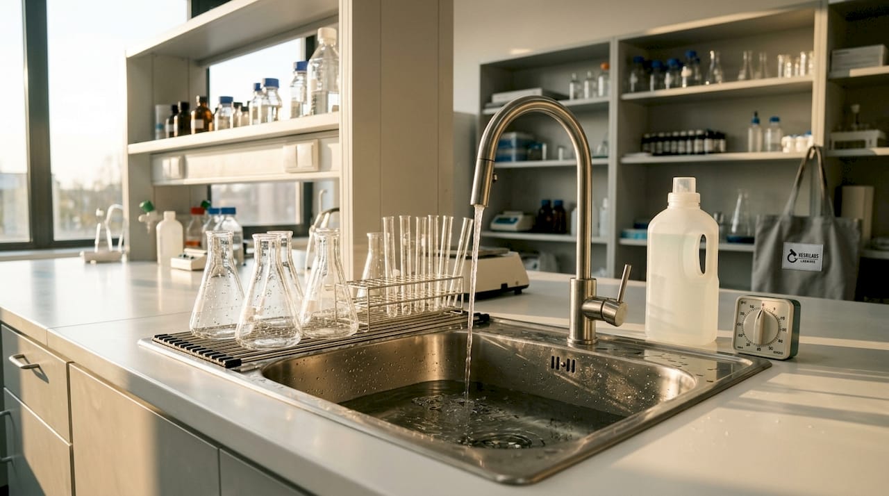Reinigung von Laborglas mit fließendem Wasser