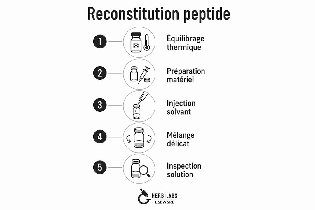 Infographie : les différentes étapes pour reconstituer un peptide lyophilisé