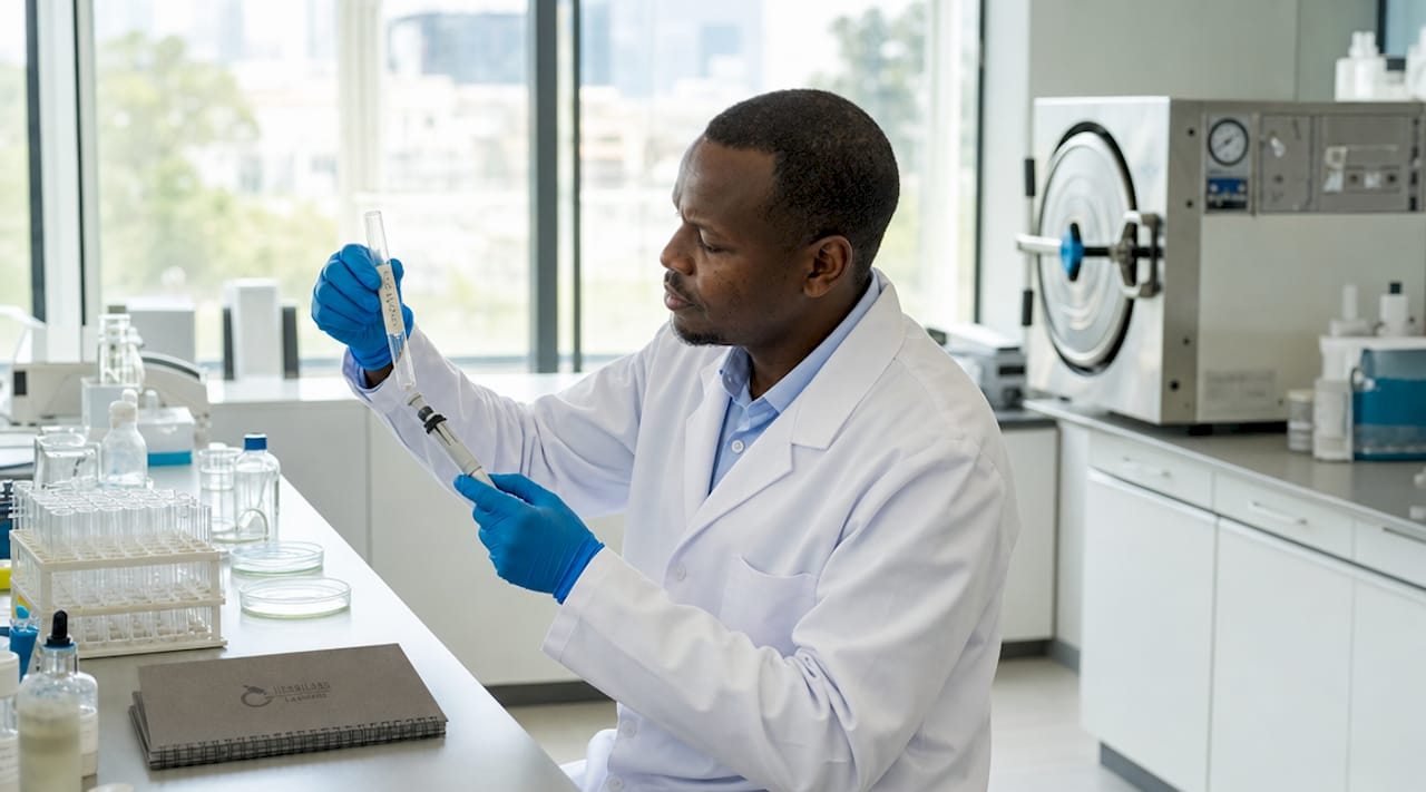 Unas manos manipulan un tubo de ensayo en un laboratorio especializado en investigación biomédica comparativa.
