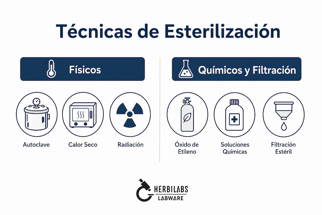 Infografía que muestra las diferencias entre métodos físicos y químicos para la esterilización