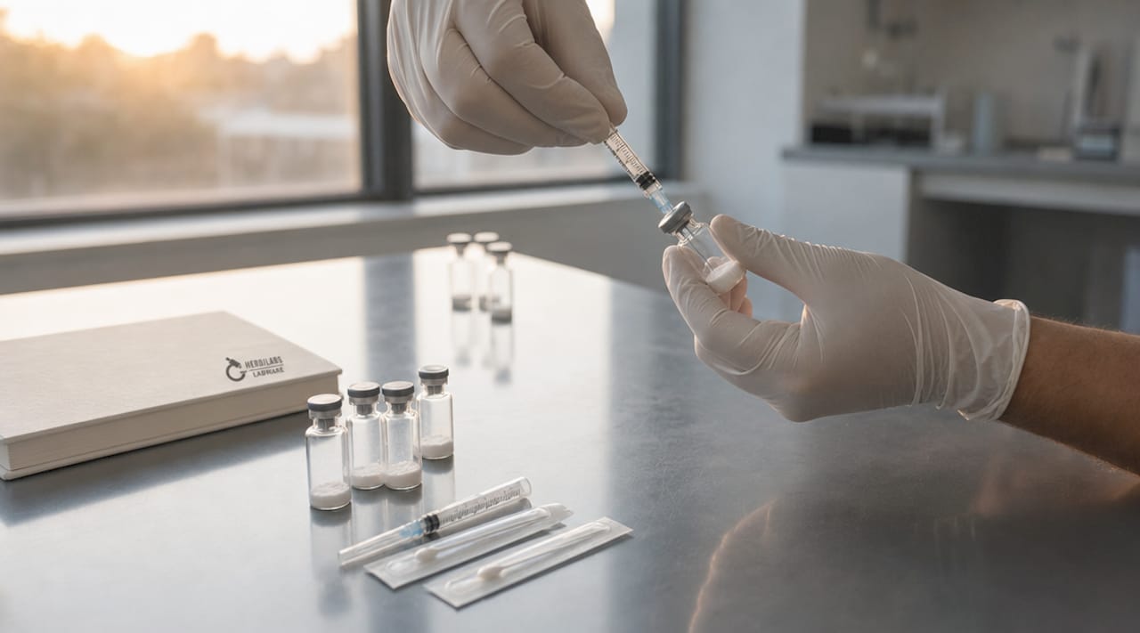 Gloved hands carefully injecting solvent into peptide vial
