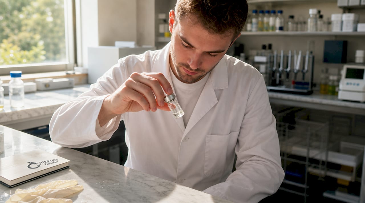 Des mains qui réalisent un mouvement circulaire pour mélanger un flacon de peptides.
