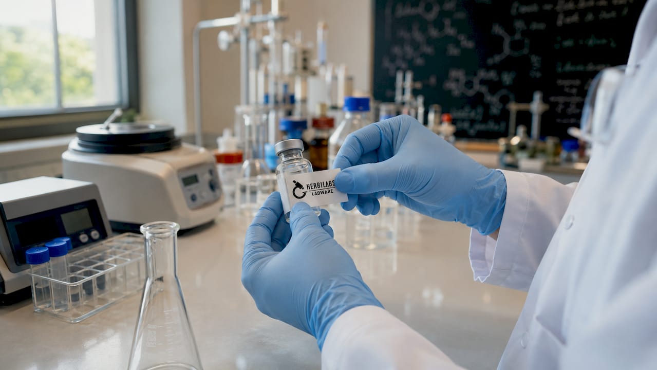 Scientist applying label on chemical vial