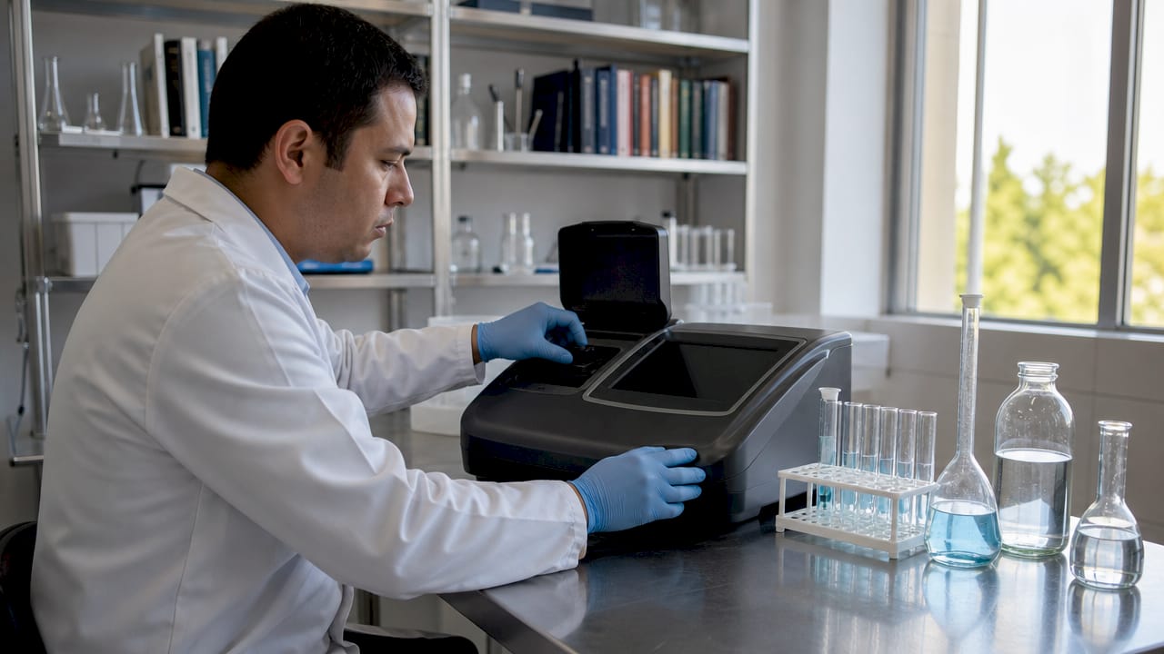 Unas manos enguantadas manipulan un espectrofotómetro DR4900.