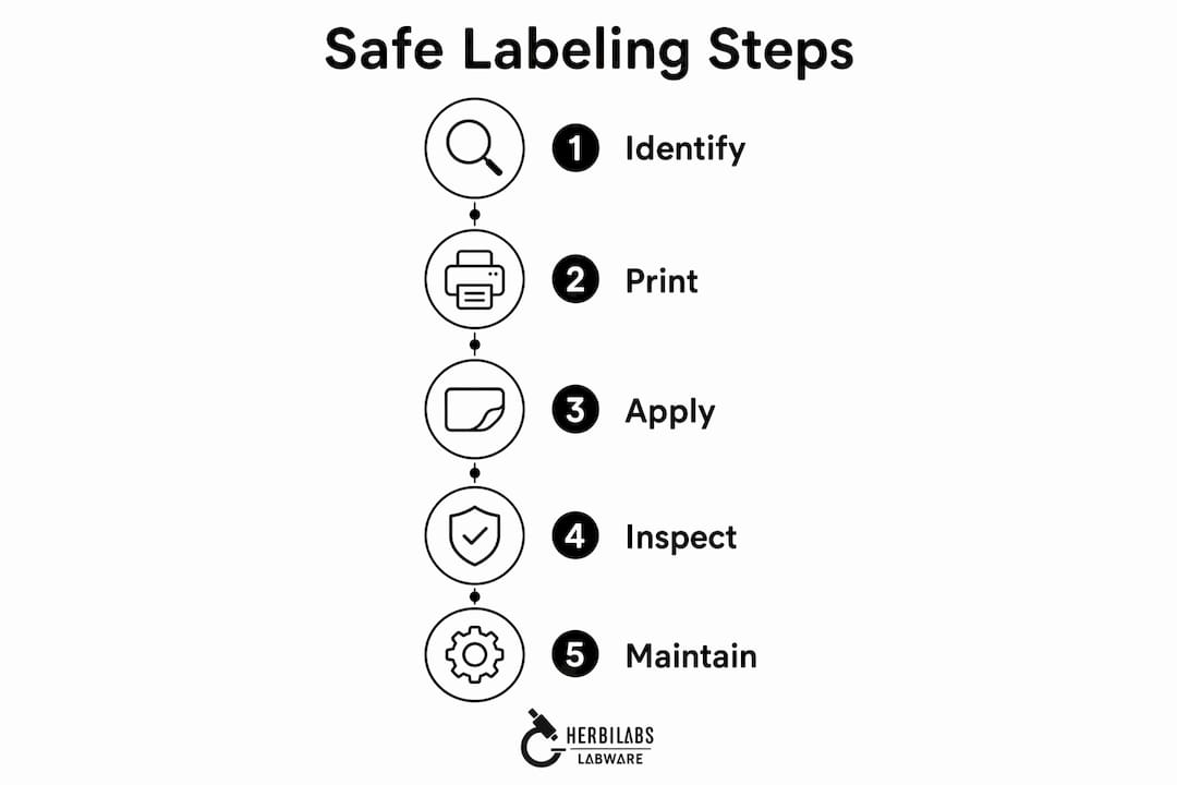 Infographic illustrating steps for safe laboratory labeling