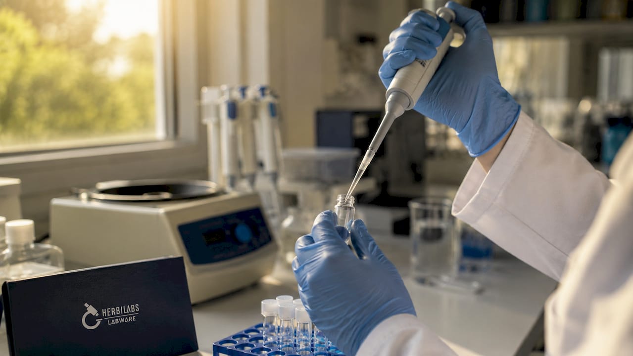 Hands transferring solution into vial for analysis