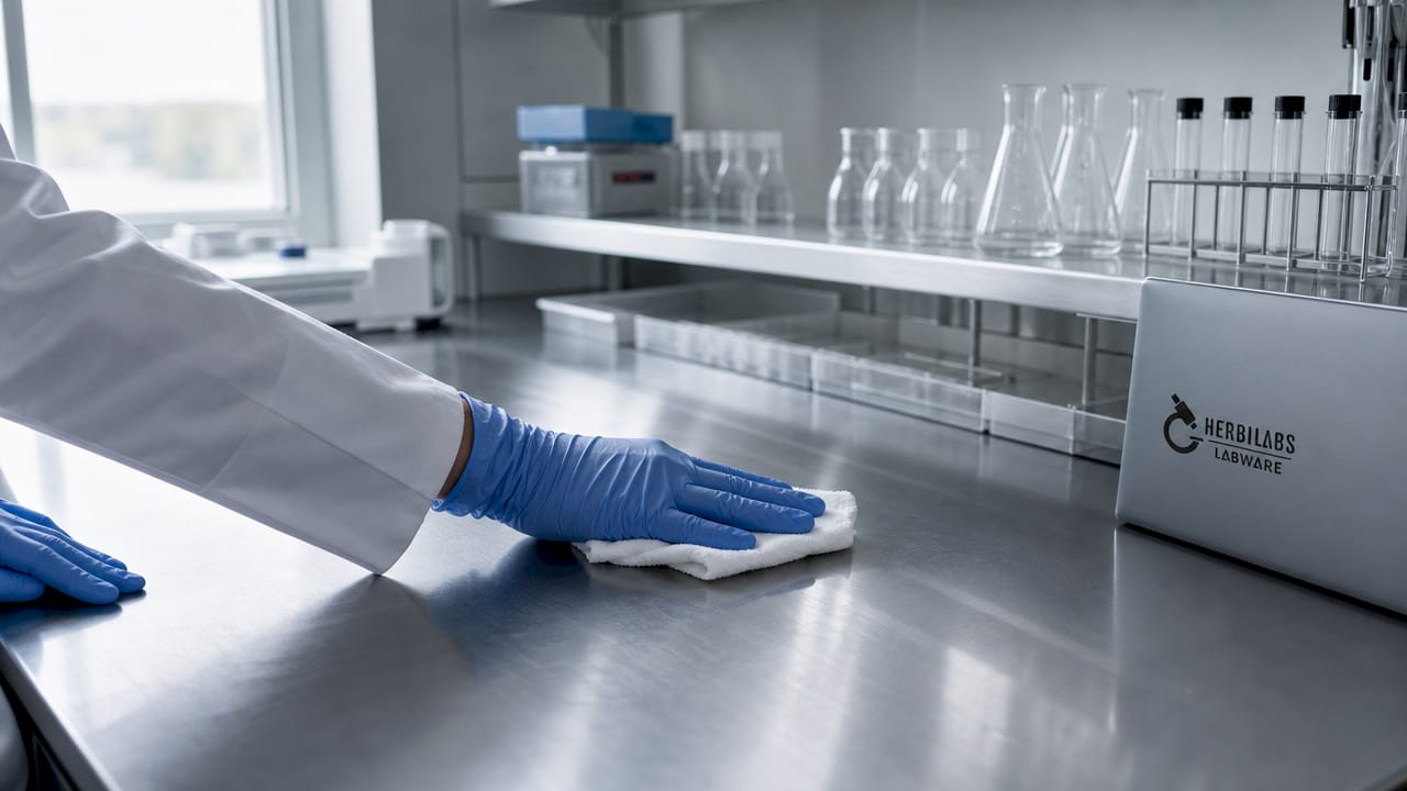 Des mains protégées par des gants nettoient soigneusement une paillasse de laboratoire à l’aide d’un produit désinfectant.
