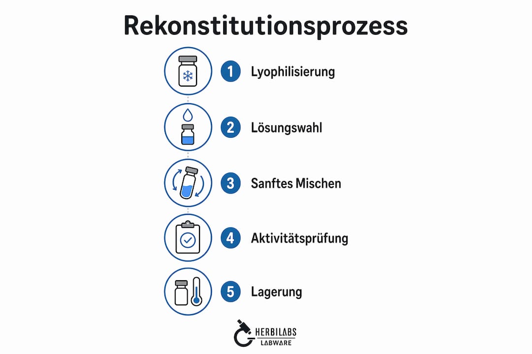 Die Grafik veranschaulicht den Ablauf der Rekonstitution Schritt für Schritt.