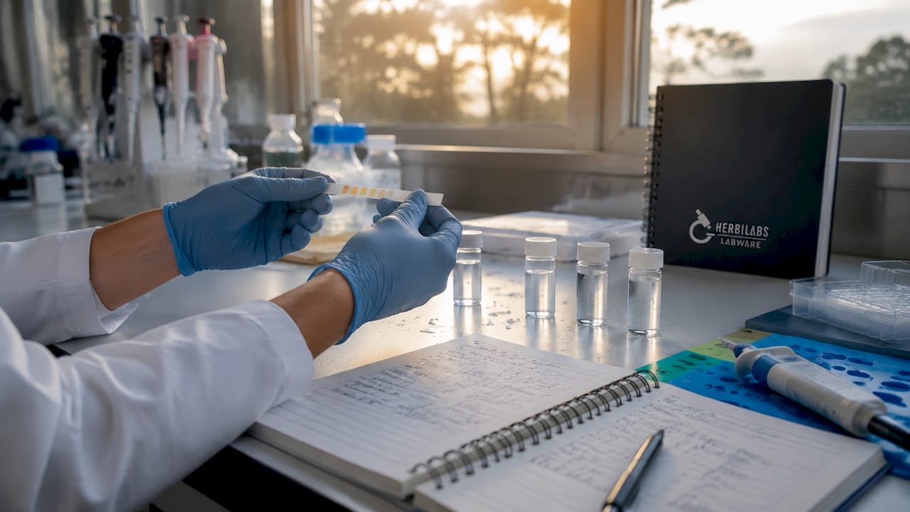 Gloved hands testing water purity in lab