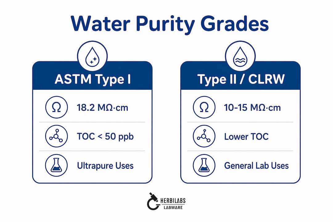 Infographic comparing ASTM Type I and Type II water purity
