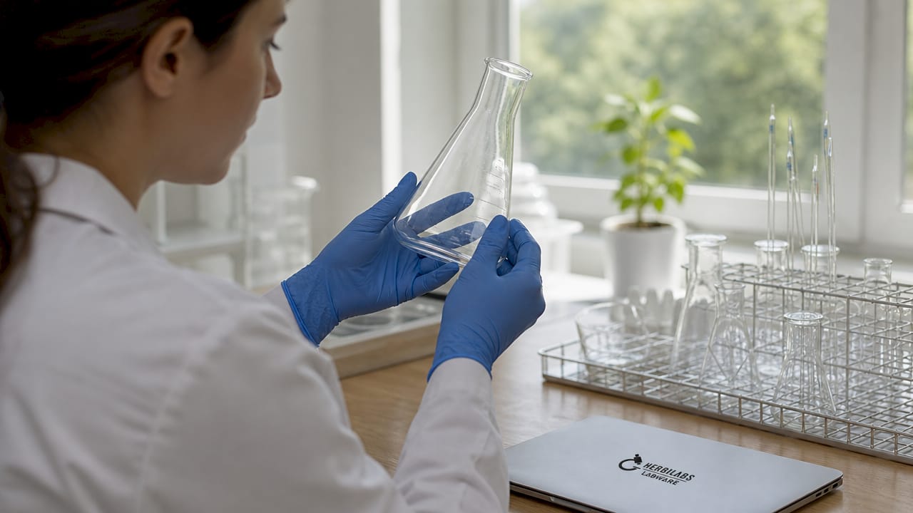 Hands inspecting glassware for damage and dryness