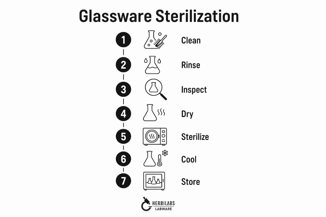 Infographic displaying step-by-step glassware sterilization process