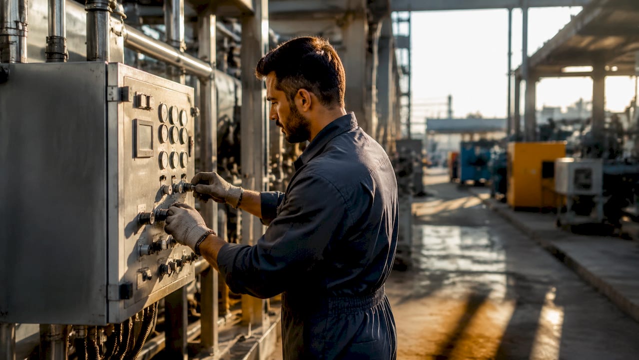 Des mains manipulent les commandes d’un panneau industriel.