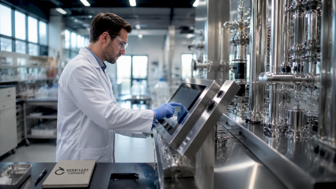 Eine Wissenschaftlerin bedient das MES-Touchdisplay im Biotechnologie-Labor.