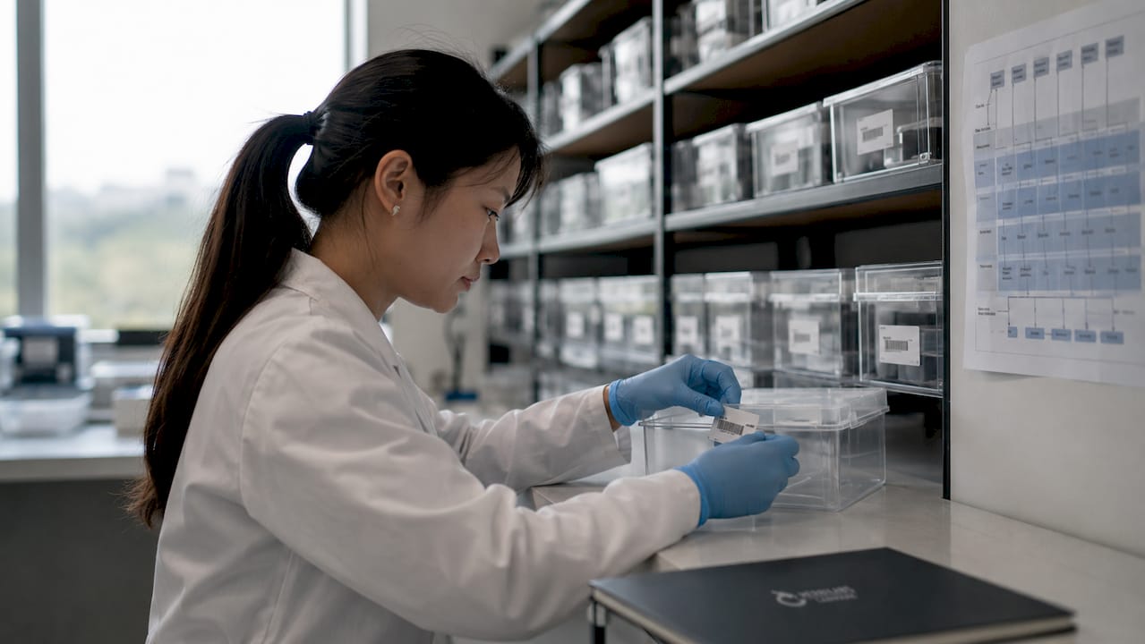 Hands labeling lab storage box with barcode
