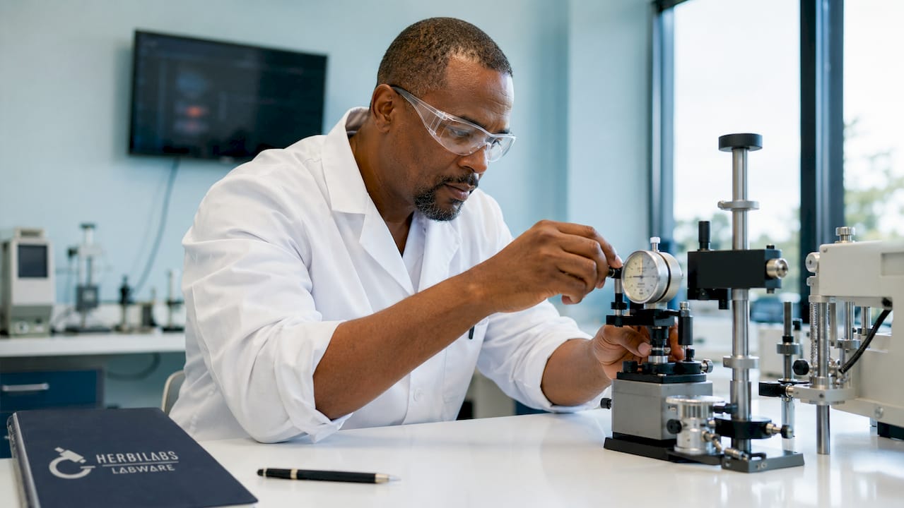 Technician calibrating instruments in lab