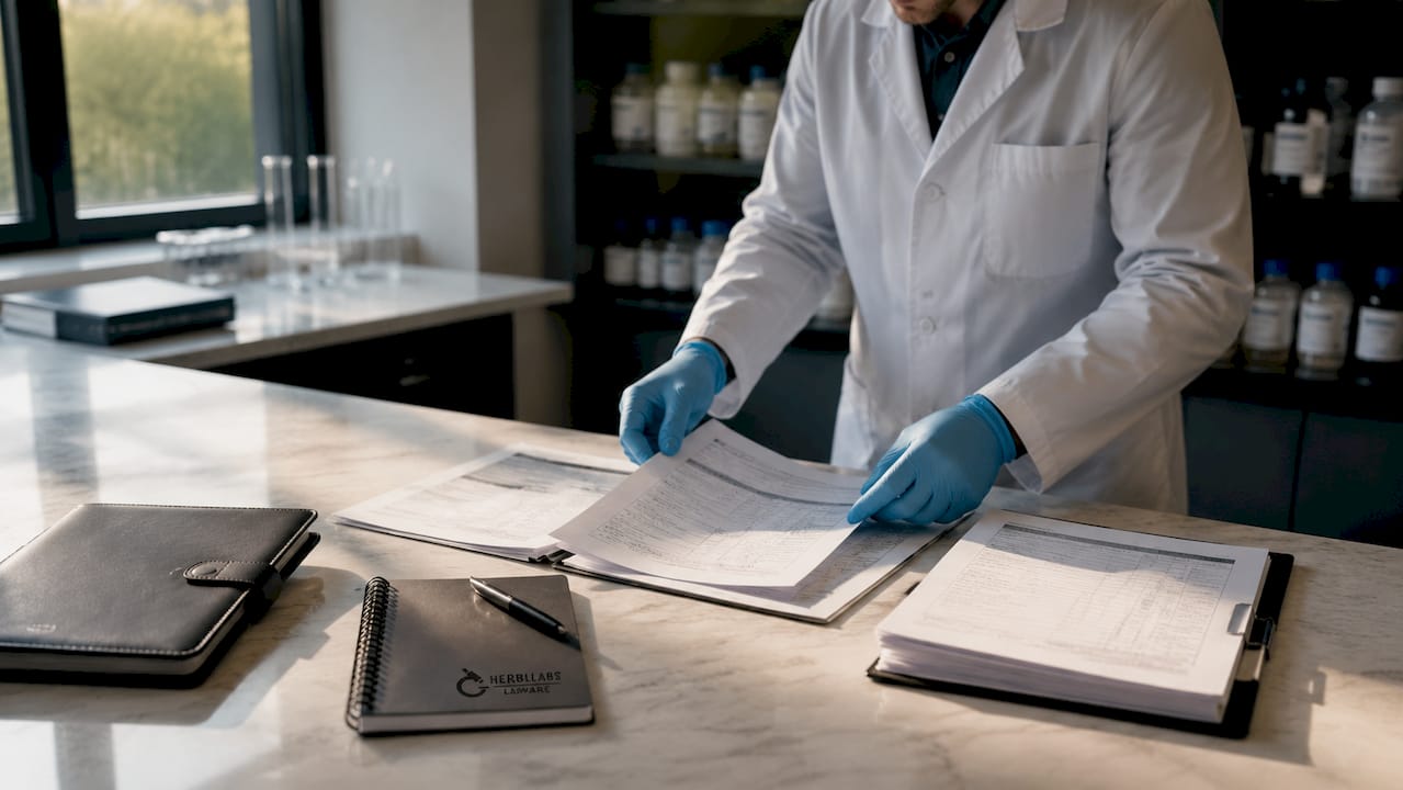 Des mains passent en revue des dossiers de conformité relatifs aux peptides.