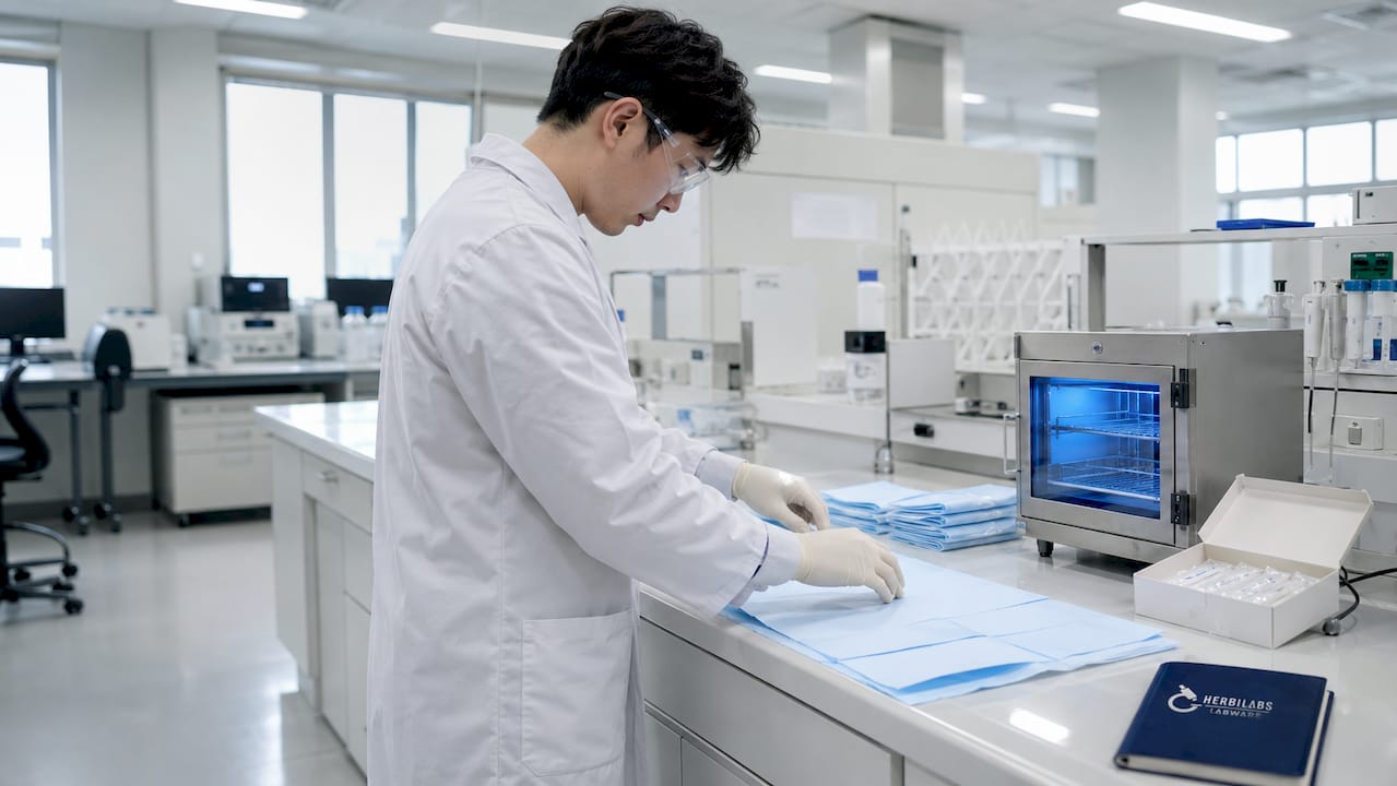 Close-up of sterile field setup with gloved hands