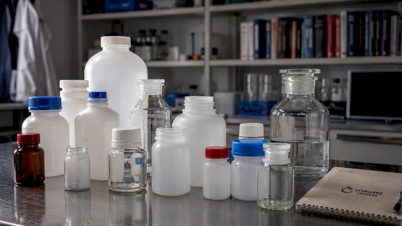 Sobre la mesa del laboratorio se pueden ver distintos recipientes para almacenar productos químicos.