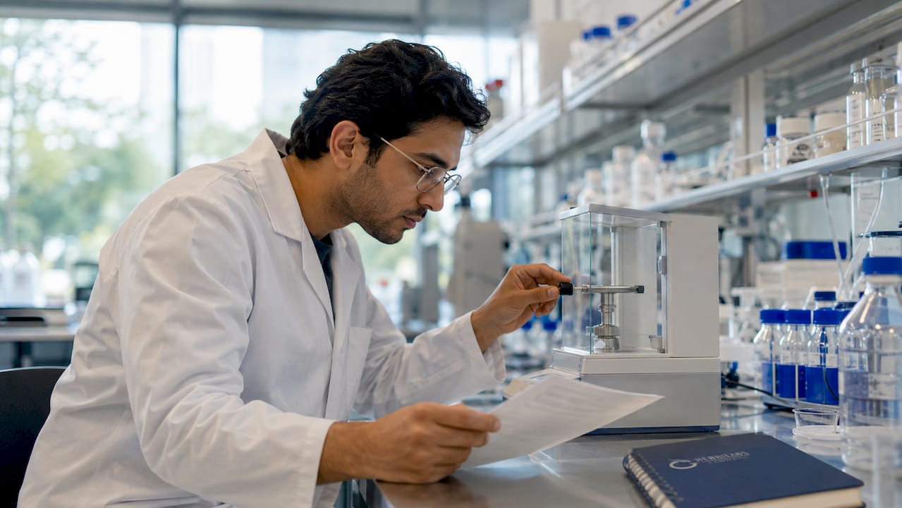 Lab technician calibrating testing instrument