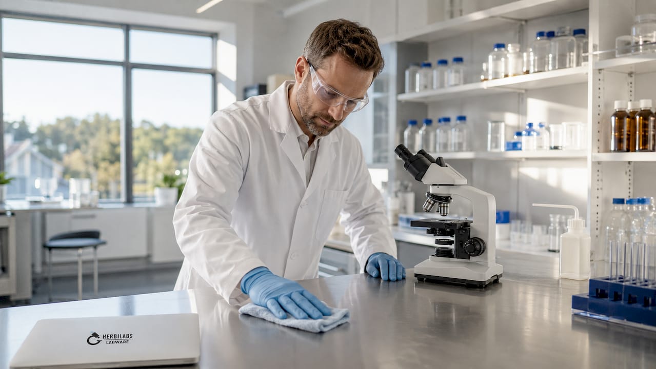 Eine Laborantin sorgt dafür, dass ihr Arbeitsplatz sauber und ordentlich bleibt.