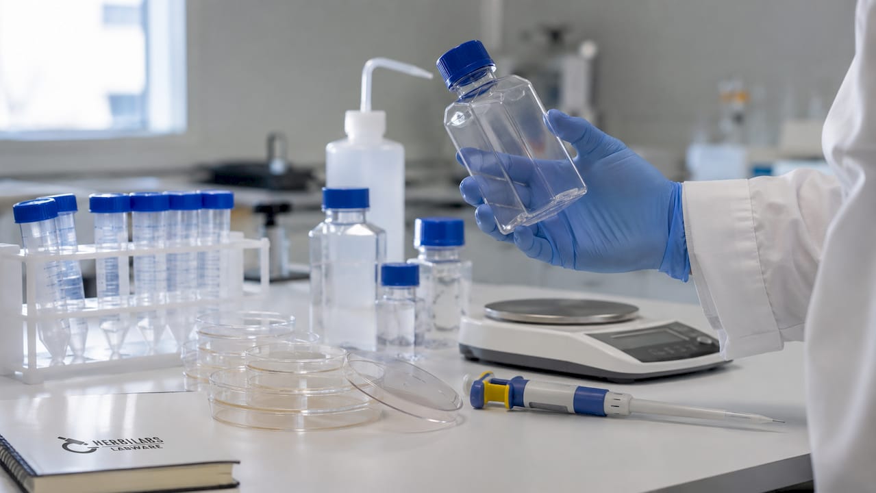 Close-up of different sterile labware materials on lab bench
