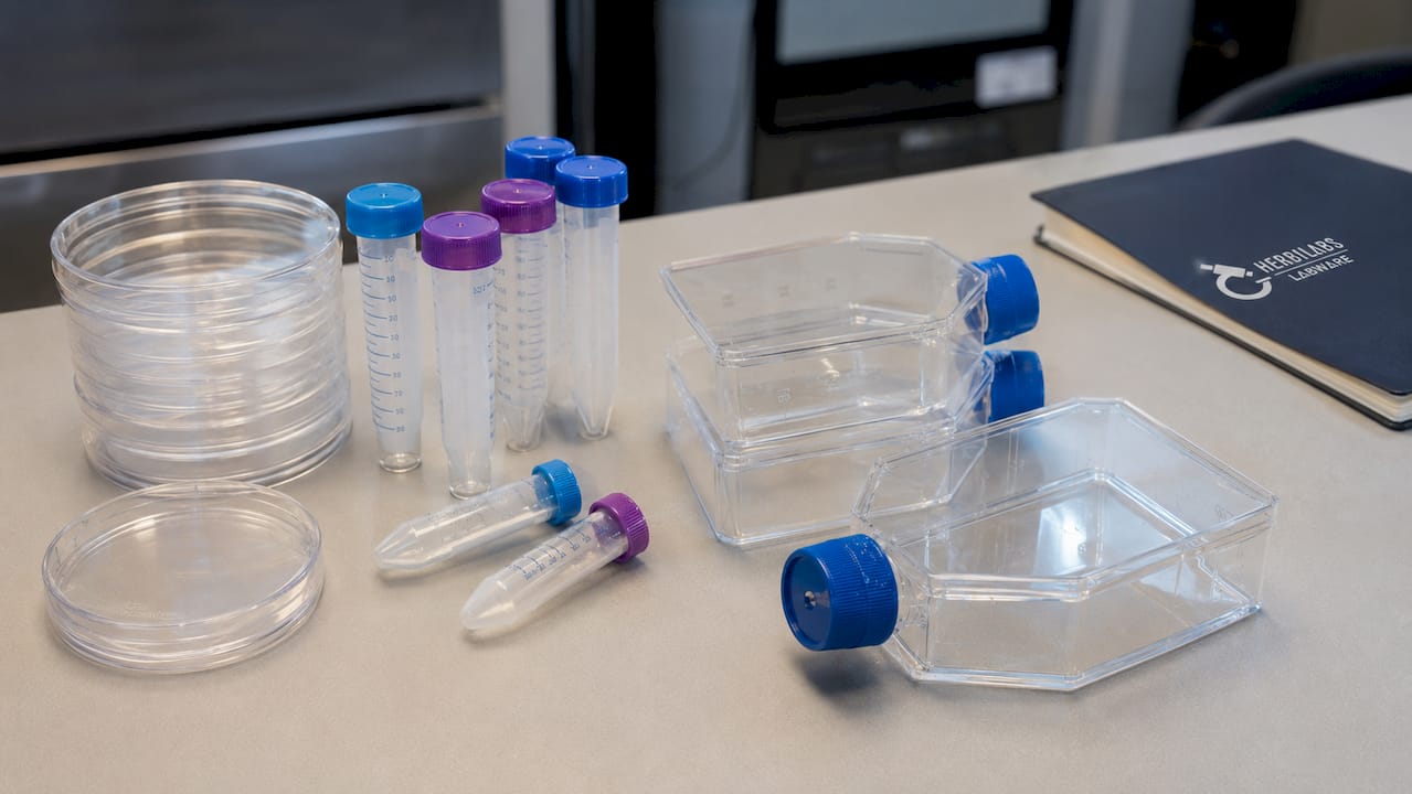 Overhead view of assorted single-use labware materials