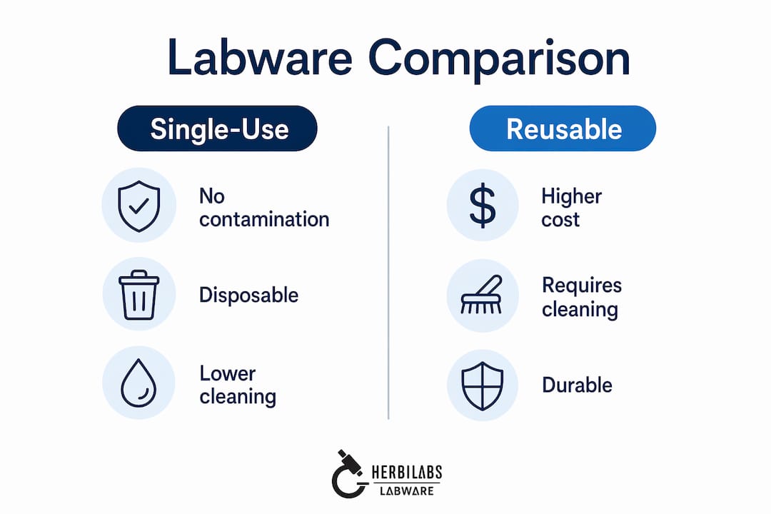 Comparison infographic of single-use versus reusable labware