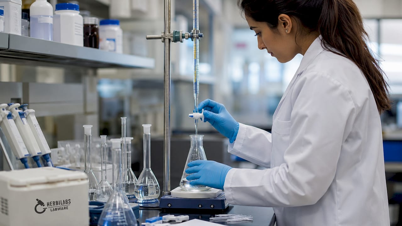 Hands adjusting burette during precise measurement