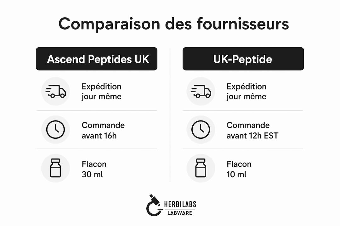 Comparatif visuel des principaux fournisseurs d’eau bactériostatique au Royaume-Uni